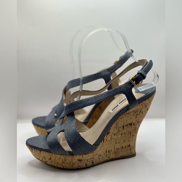 MIU MIU - Leather and Cork Platform Wedges in Jean Blue - Picture 3 of 7